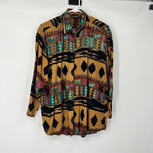 VTG Jane Ashley Gauze Top Blouse Button 3/4 Sleeves Beaded Western Aztec Artwear